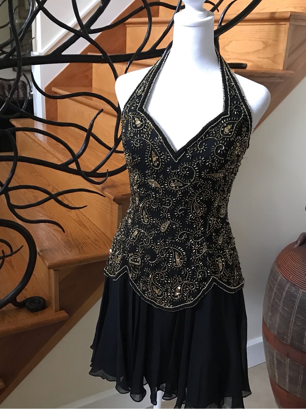Beaded Black Halter Prom Dress with Gold Embellishment